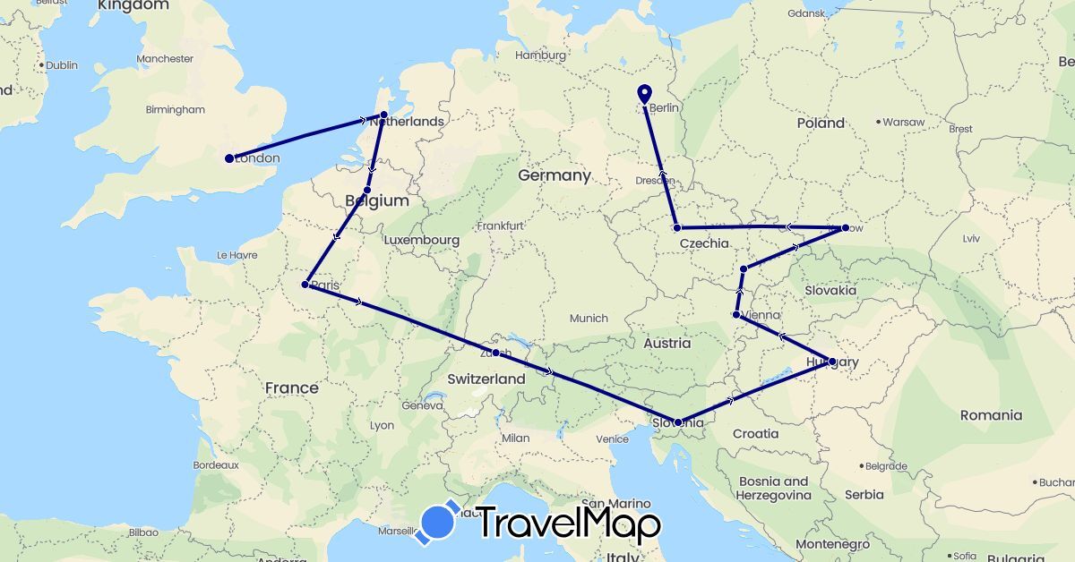 TravelMap itinerary: driving in Austria, Belgium, Switzerland, Czech Republic, Germany, France, United Kingdom, Hungary, Netherlands, Poland, Slovenia (Europe)