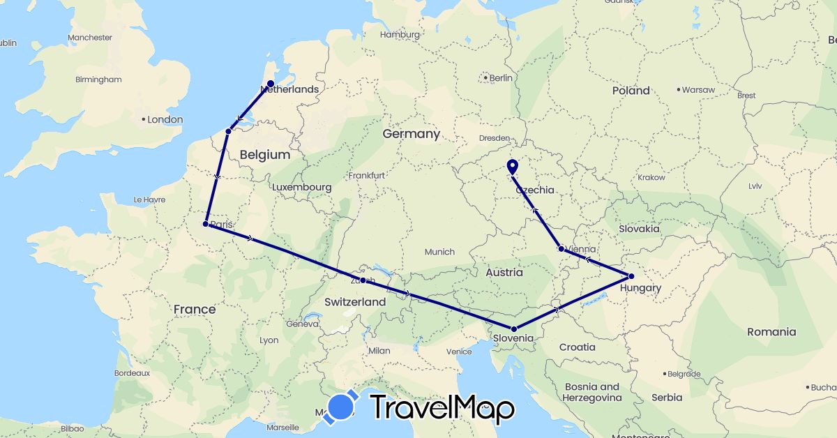 TravelMap itinerary: driving in Austria, Belgium, Switzerland, Czech Republic, France, Hungary, Netherlands, Slovenia (Europe)