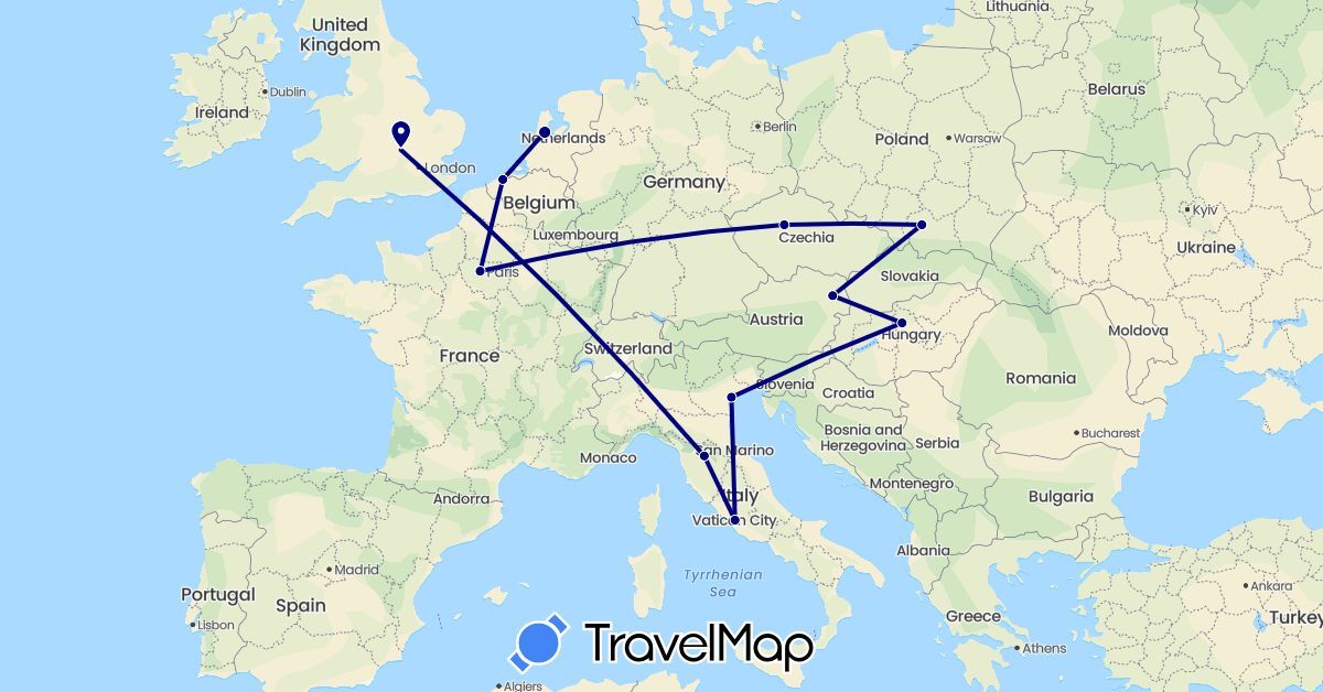 TravelMap itinerary: driving in Austria, Belgium, Czech Republic, France, United Kingdom, Hungary, Italy, Netherlands, Poland (Europe)